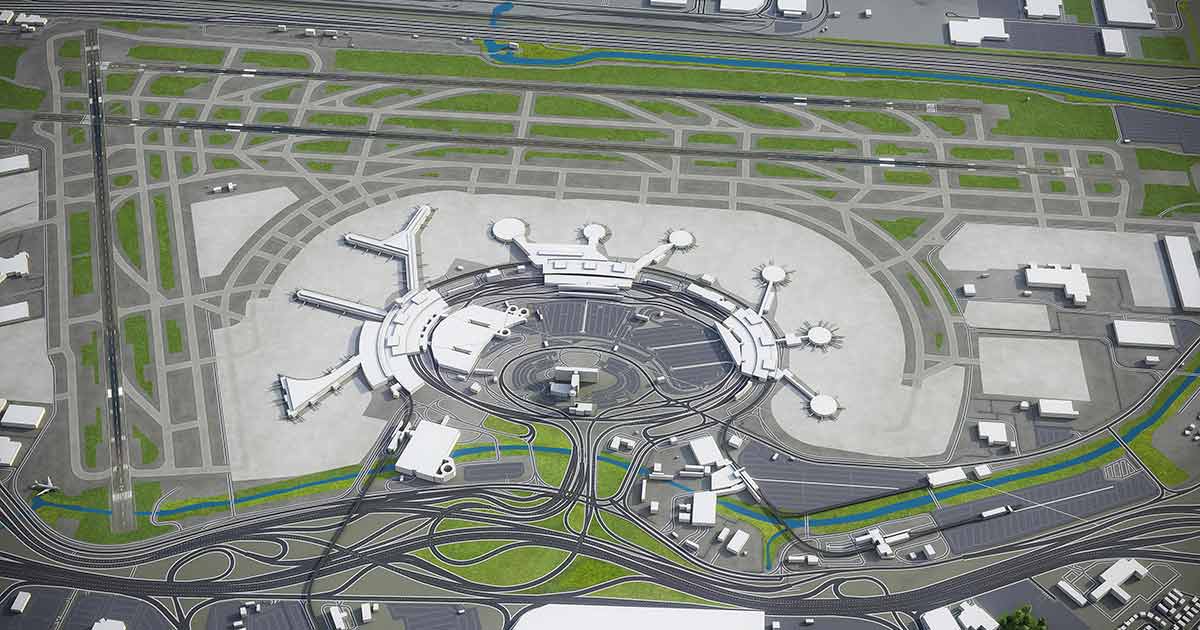 Aerial view of an airport with multiple terminals, runways, taxiways, and roads; airplanes are positioned near gates and vehicles move around the complex infrastructure.